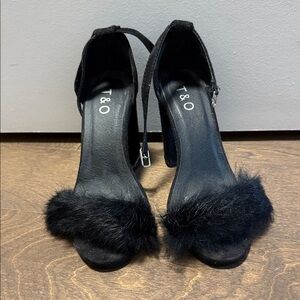 T/O Black Fur Strap Heels